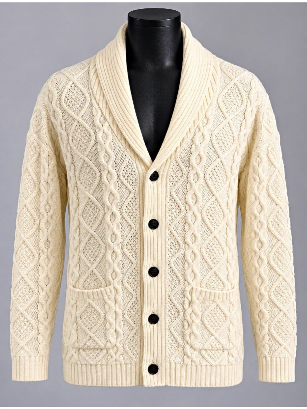PAUL JONES Cardigan Sweater XL Ivory Cable Knit Shawl Collar Button Up